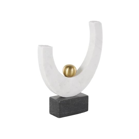 10.25" White Abstract Curved Semicircle Marble & Metal Sculpture with Gold Orb Accent